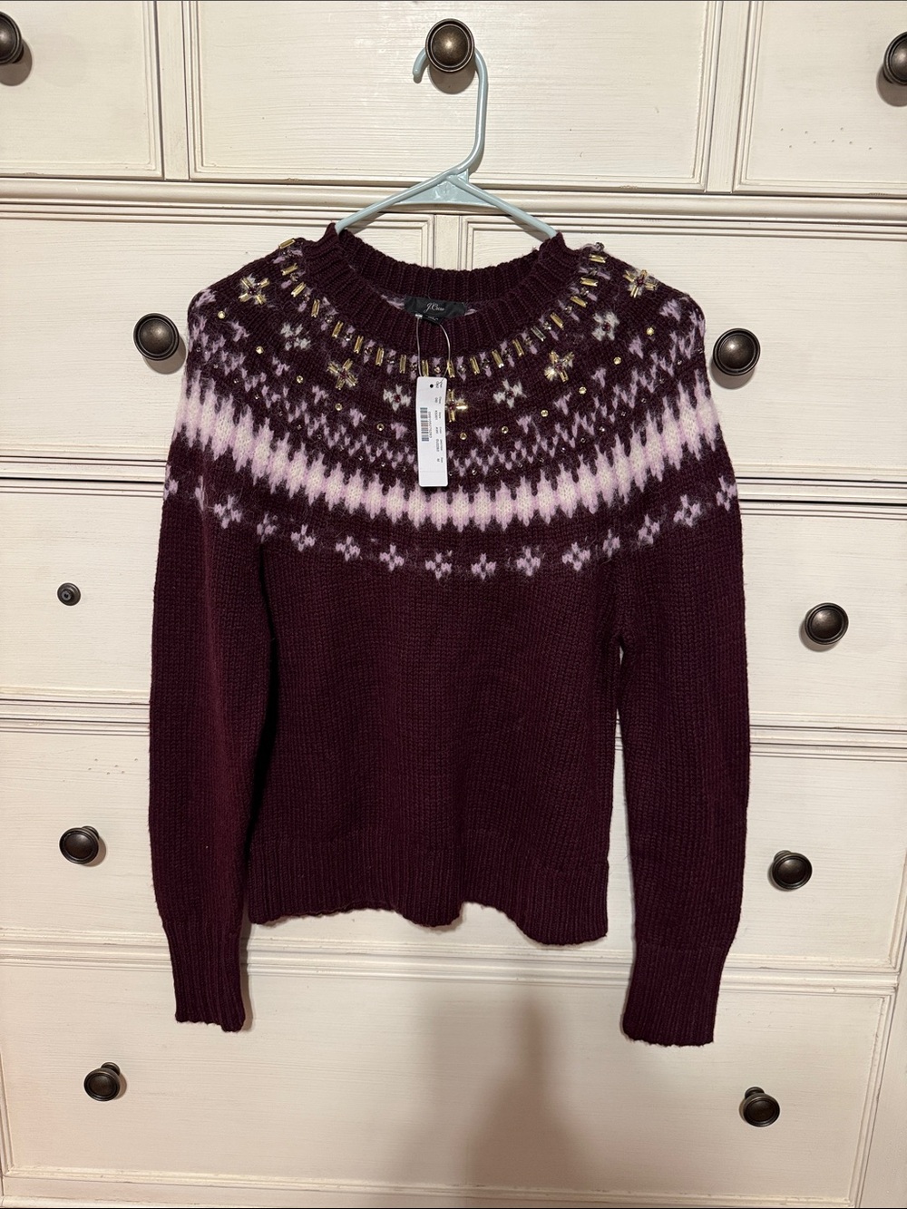 J. Crew Maroon Jeweled Fair Isle Crewneck Sweater with Pink and Gold Accents